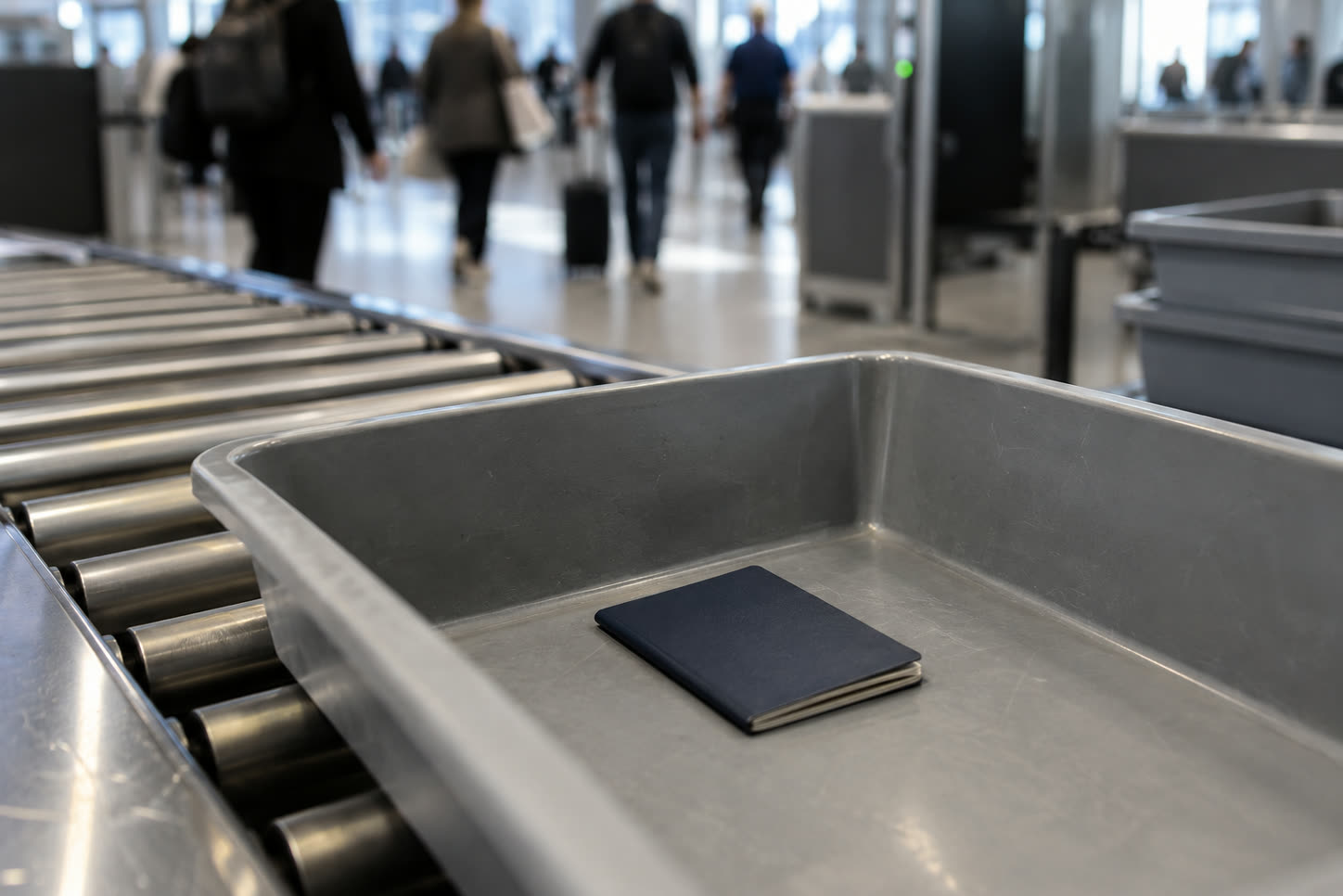 A passport left behind in an airport security tray