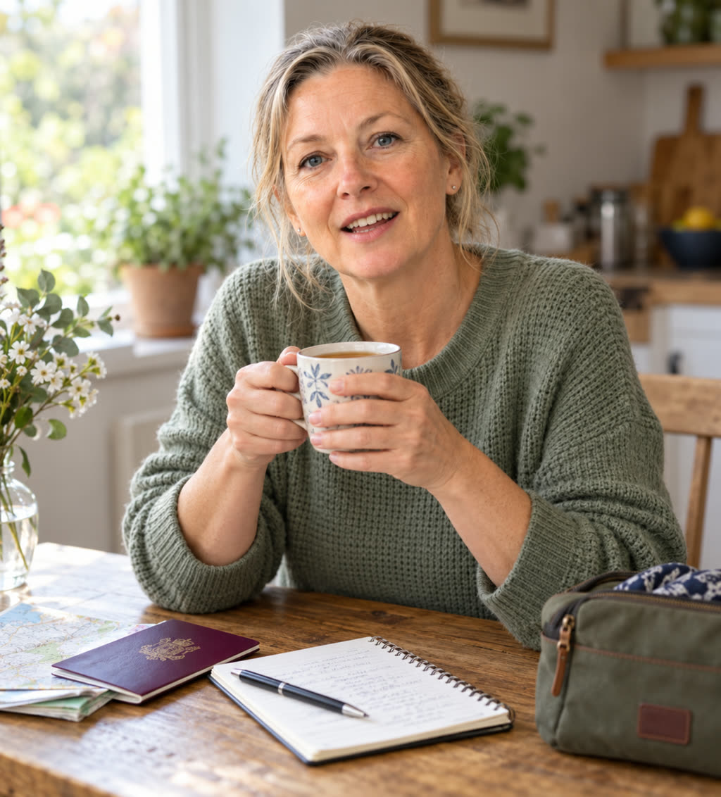 Carol Whitfield at her kitchen table with a passport and travel pouch